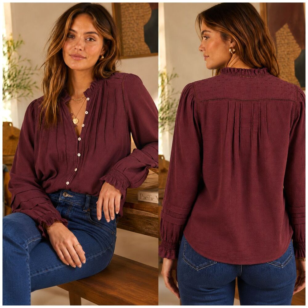 Faherty Willa Peasant Blouse M Catawba Grape Organic Cotton Pintuck Prairie Top